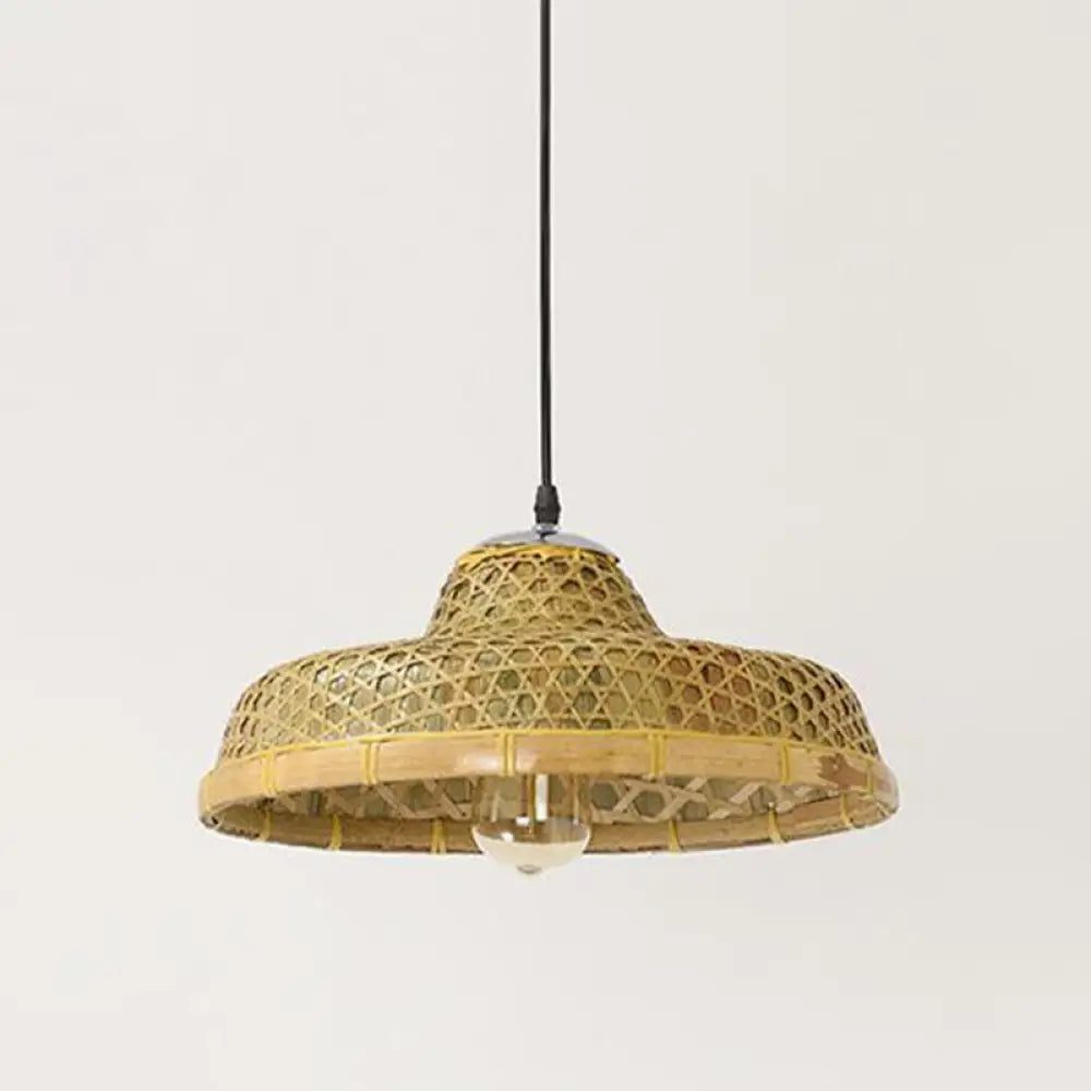 Asian Style Wood Straw Hat Pendant Lamp With Bamboo Hanging Light Fixture - 1 Bulb / E