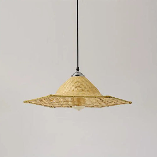 Asian Style Wood Straw Hat Pendant Lamp With Bamboo Hanging Light Fixture - 1 Bulb / F