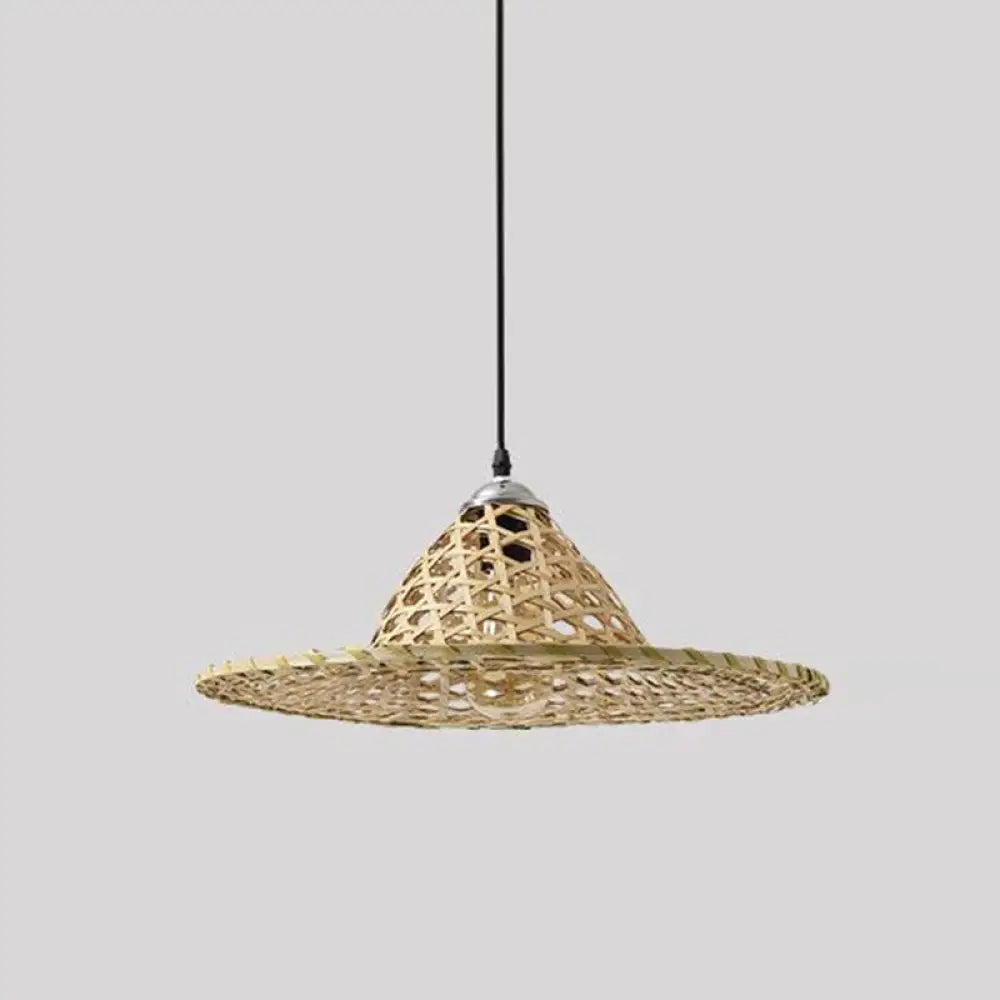 Asian Style Wood Straw Hat Pendant Lamp With Bamboo Hanging Light Fixture - 1 Bulb / G