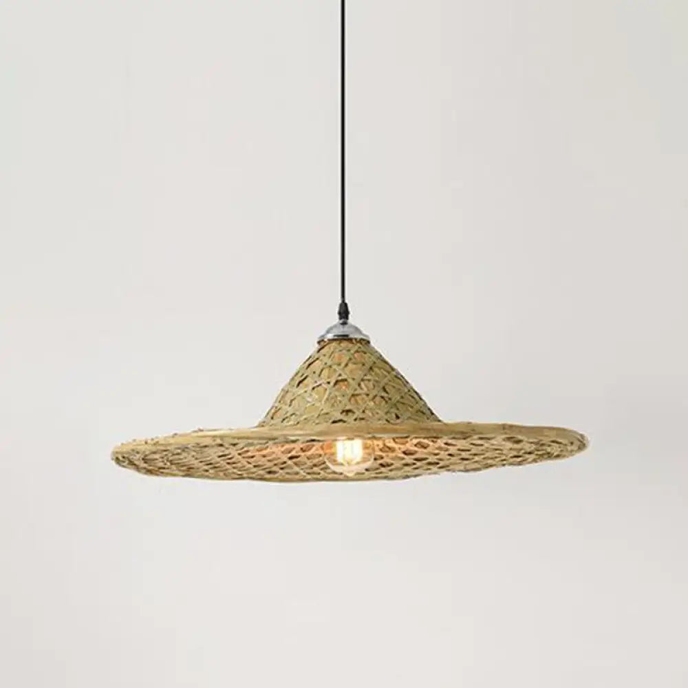 Asian Style Wood Straw Hat Pendant Lamp With Bamboo Hanging Light Fixture - 1 Bulb / H