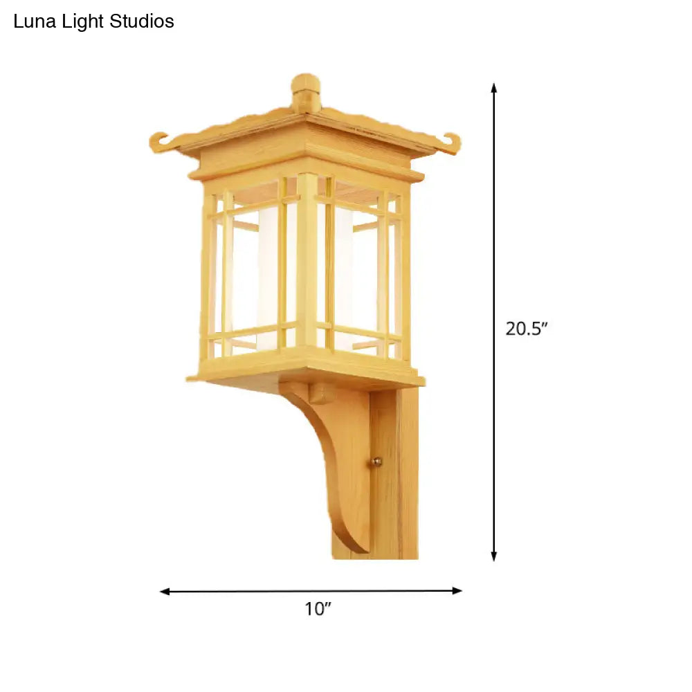 Asian Style Wooden House Wall Sconce - Beige Single Bulb Lamp For Restaurants