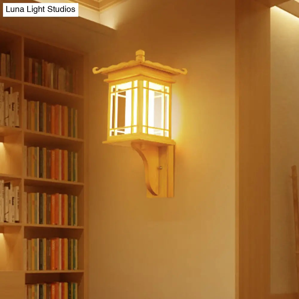 Asian Style Wooden House Wall Sconce - Beige Single Bulb Lamp For Restaurants