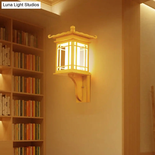 Asian Style Wooden House Wall Sconce - Beige Single Bulb Lamp For Restaurants