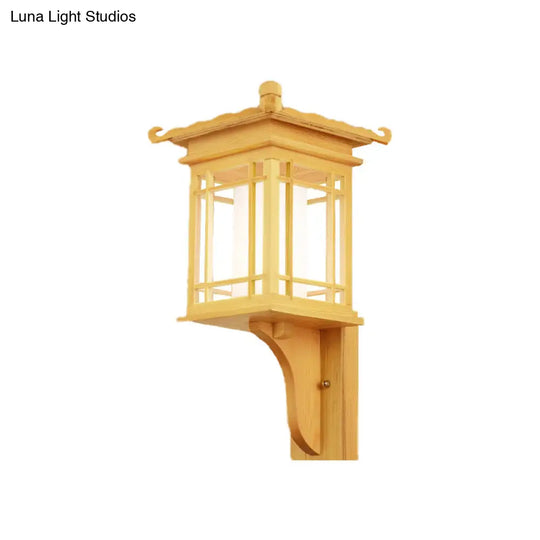 Asian Style Wooden House Wall Sconce - Beige Single Bulb Lamp For Restaurants