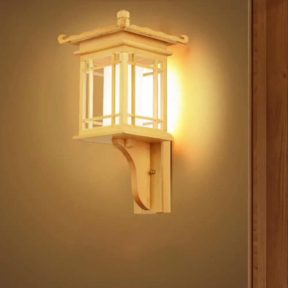 Asian Style Wooden House Wall Sconce - Beige Single Bulb Lamp For Restaurants Wood