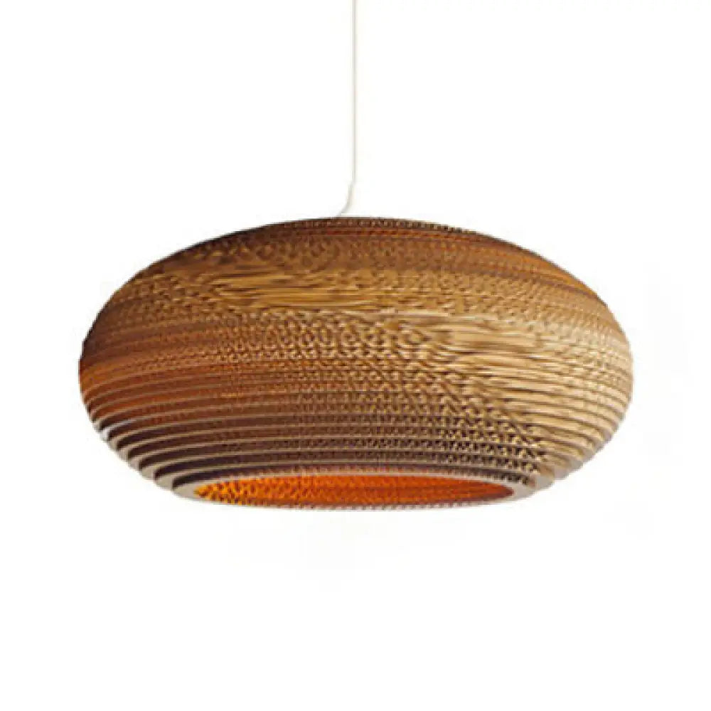 Asian Stylish Brown Corrugated Paper Pendant Lamp With Drum Shape And Globe Design - 1 Light Indoor