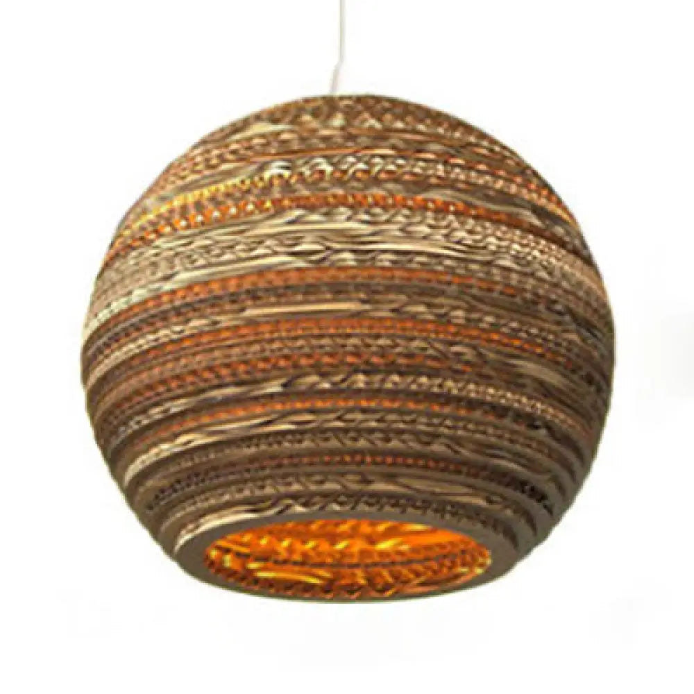 Asian Stylish Brown Corrugated Paper Pendant Lamp With Drum Shape And Globe Design - 1 Light Indoor