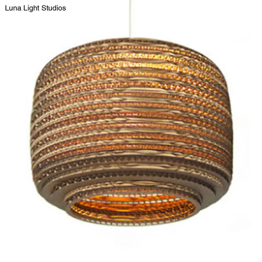 Asian Stylish Corrugated Paper Pendant Lamp In Brown With Drum/Cylinder/Globe Design / Cylinder