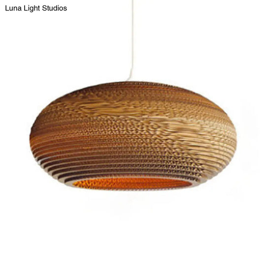 Asian Stylish Corrugated Paper Pendant Lamp In Brown With Drum/Cylinder/Globe Design / Drum