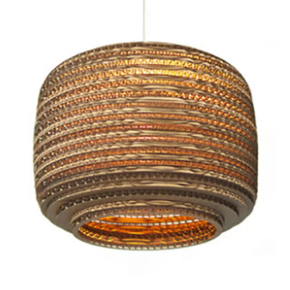 Asian Stylish Brown Corrugated Paper Pendant Lamp With Drum Shape And Globe Design - 1 Light Indoor