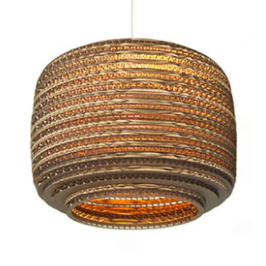 Asian Stylish Brown Corrugated Paper Pendant Lamp With Drum Shape And Globe Design - 1 Light Indoor