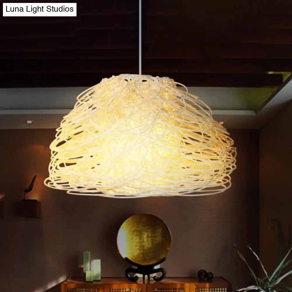 Asian White Pendant Light Fixture With Rattan Shade - Tearoom Hanging Lamp