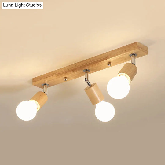 Asian Wood 3 - Head Rotatable Flushmount Ceiling Lamp With Bare Bulb Design – Modern & Elegant