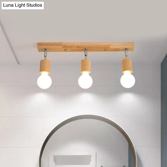 Asian Wood 3 - Head Rotatable Flushmount Ceiling Lamp With Bare Bulb Design – Modern & Elegant