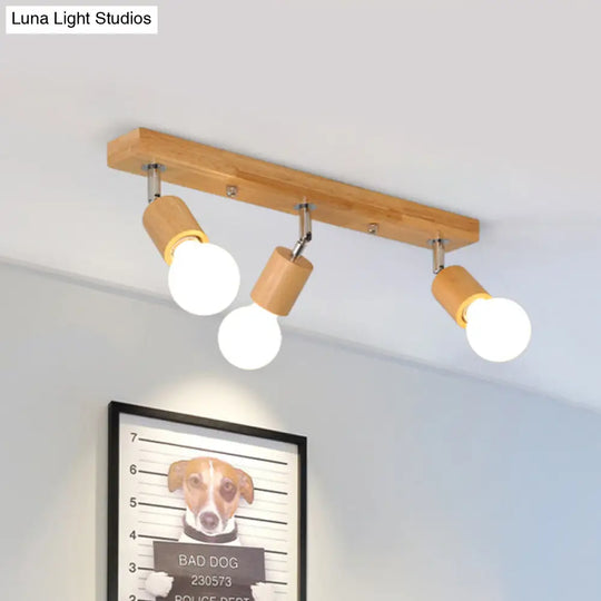 Asian Wood 3-Head Rotatable Flushmount Ceiling Lamp With Bare Bulb Design Modern & Elegant Bathroom