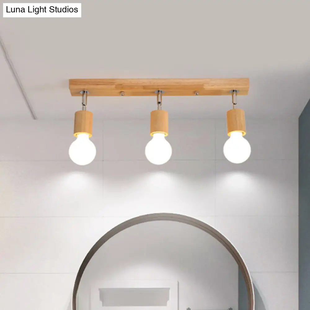 Asian Wood 3-Head Rotatable Flushmount Ceiling Lamp With Bare Bulb Design Modern & Elegant Bathroom