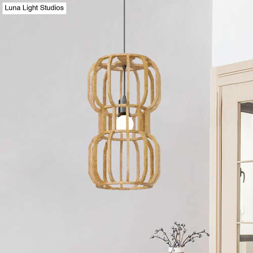 Asian Wood Dumbbell Pendant Light - 1 Head Beige Hanging Lamp Kit Restaurant Décor