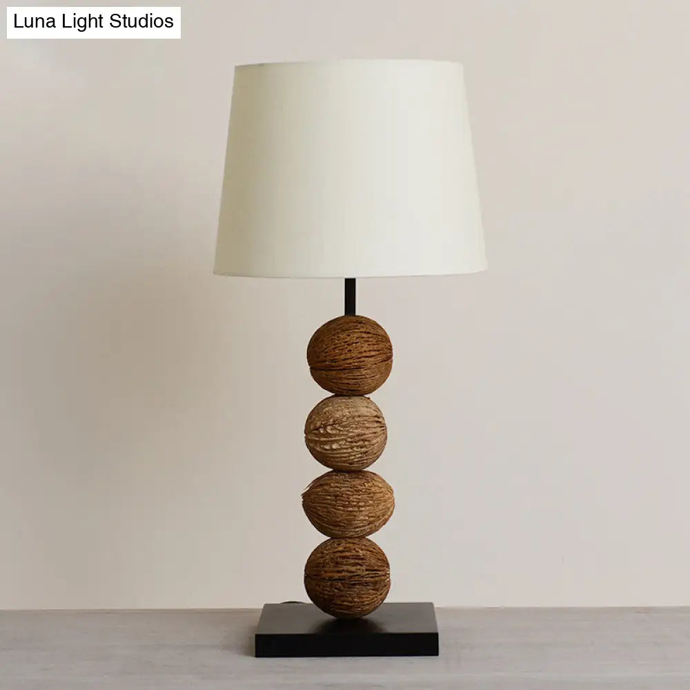 Asian Wood Fruit Nightstand Light: 1-Light Brown Lamp With Fabric Shade