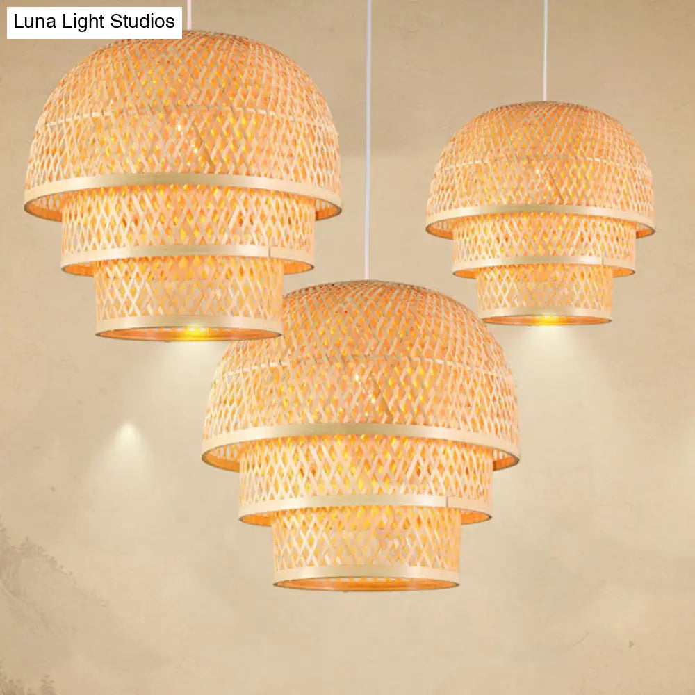 Asian Wood Pendant Lamp With Bamboo Shade For Restaurant Down Lighting