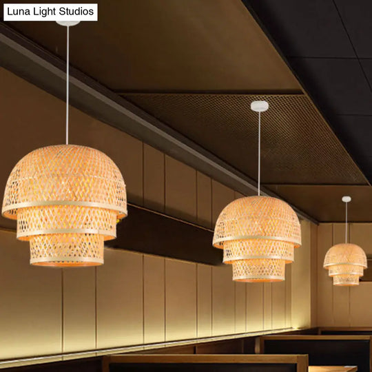 Asian Wood Pendant Lamp With Bamboo Shade For Restaurant Down Lighting