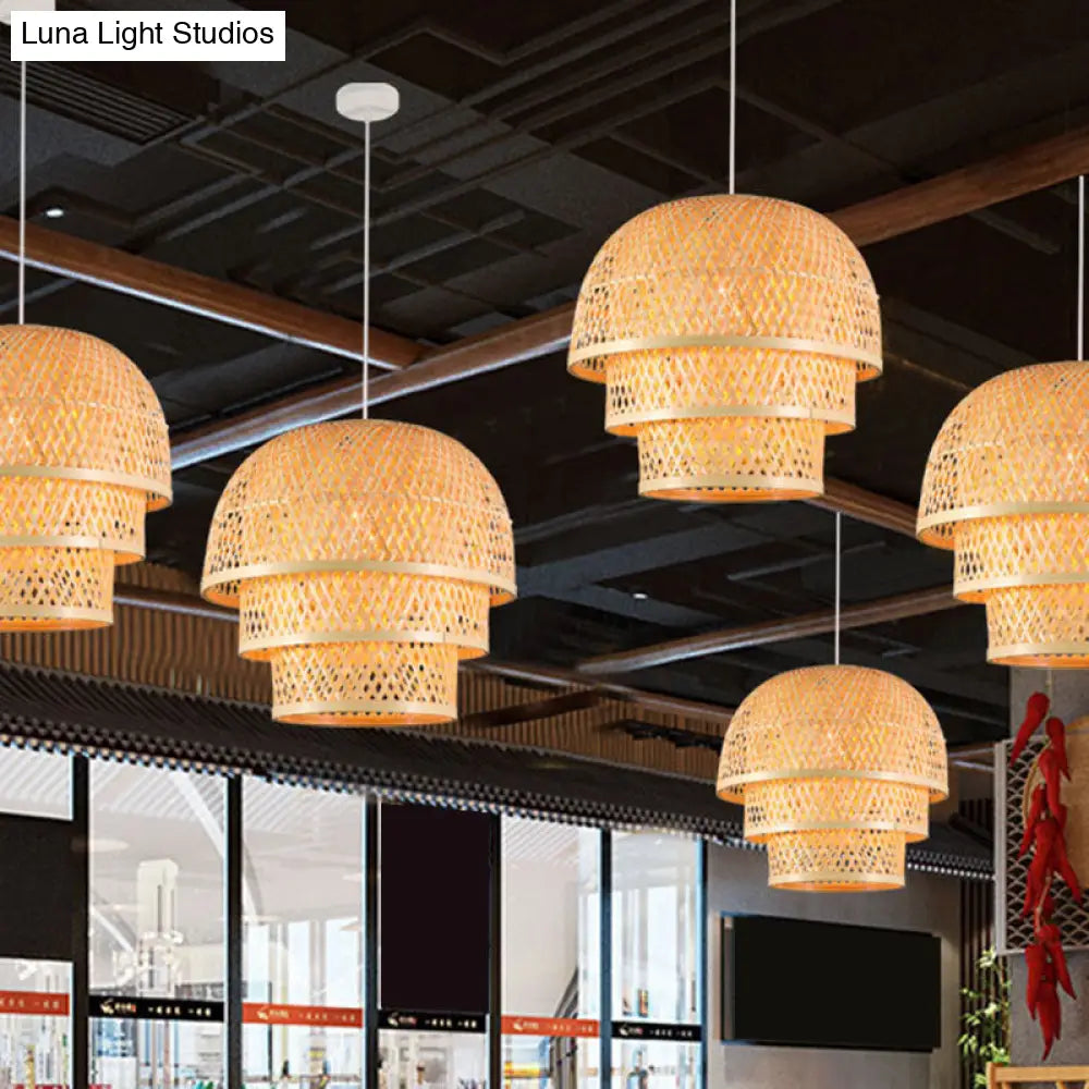 Asian Wood Pendant Lamp With Bamboo Shade For Restaurant Down Lighting