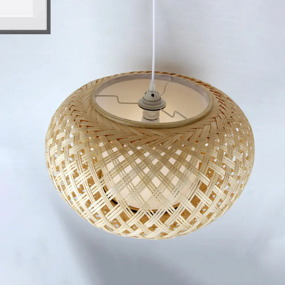 Asian Wood Pendant Light With Lantern Bamboo Shade For Tearoom Ceiling