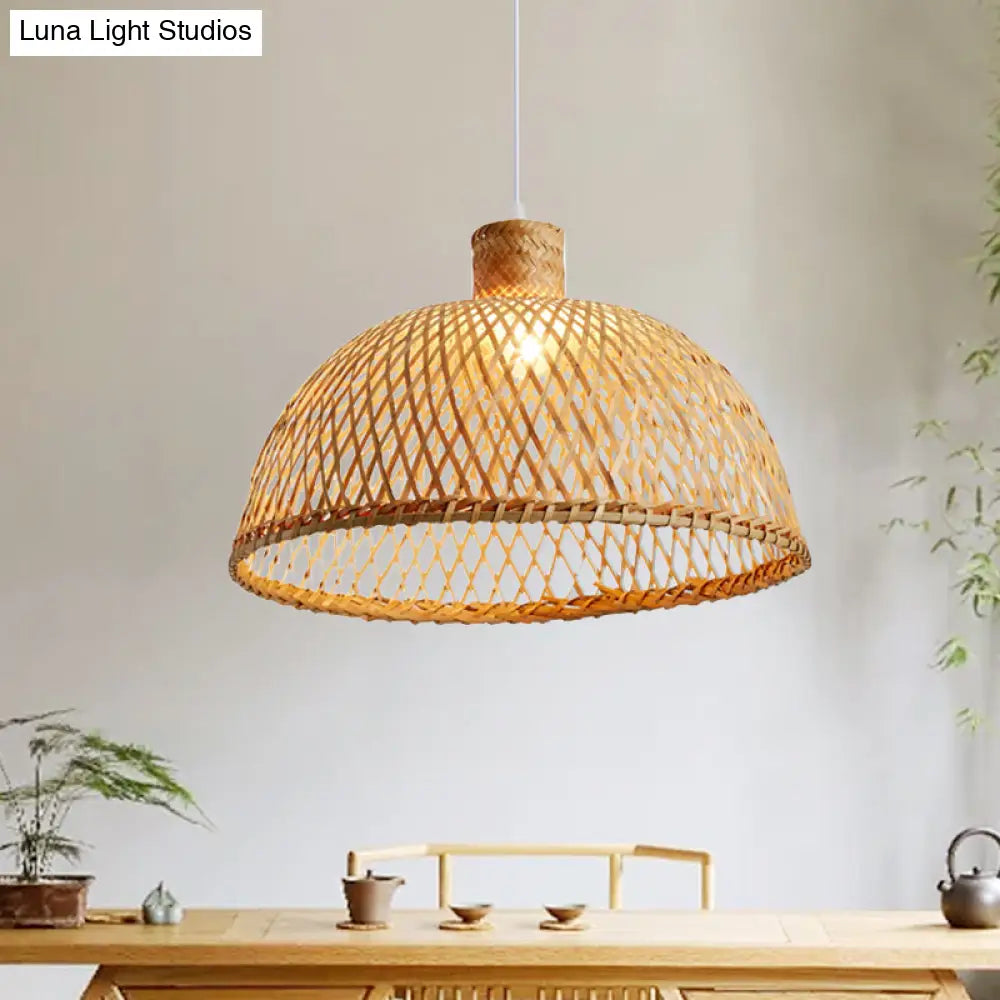 Asian Wood Tearoom Pendant Light With Bamboo Dome Shade - 1 Bulb Hanging Ceiling Lamp