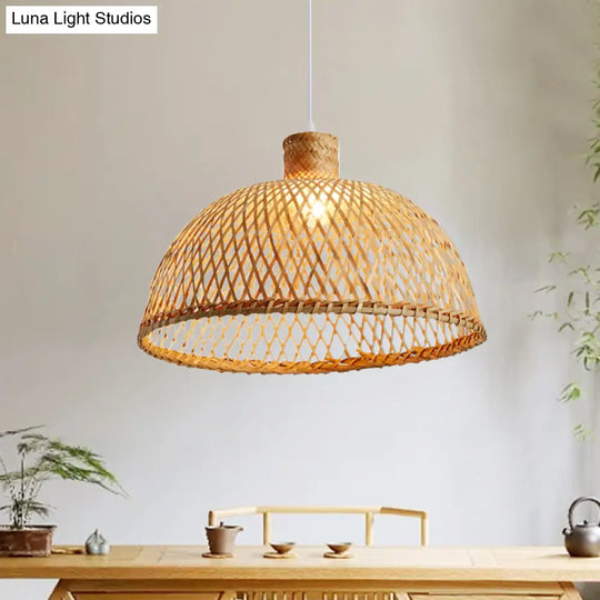 Asian Wood Tearoom Pendant Light With Bamboo Dome Shade - 1 Bulb Hanging Ceiling Lamp