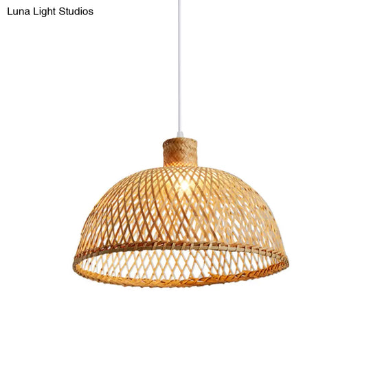 Asian Wood Tearoom Pendant Light With Bamboo Dome Shade - 1 Bulb Hanging Ceiling Lamp