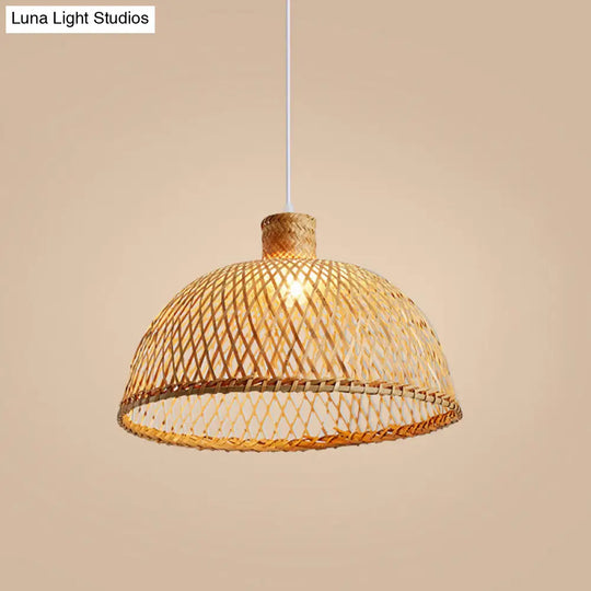 Asian Wood Tearoom Pendant Light With Bamboo Dome Shade - 1 Bulb Hanging Ceiling Lamp