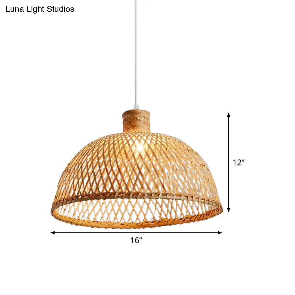 Asian Wood Tearoom Pendant Light With Bamboo Dome Shade - 1 Bulb Hanging Ceiling Lamp