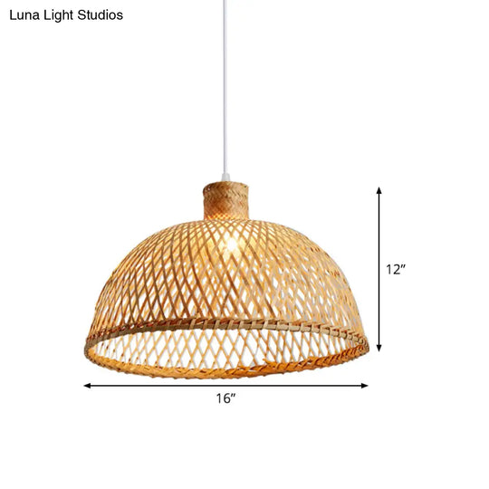 Asian Wood Tearoom Pendant Light With Bamboo Dome Shade - 1 Bulb Hanging Ceiling Lamp