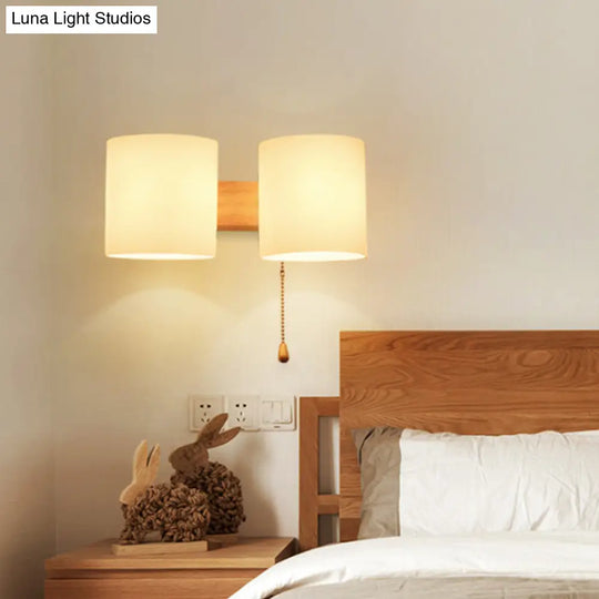 Asian Wood Wall Sconce With White Glass Shade - Set Of 2 Bulbs For Bedroom Lighting