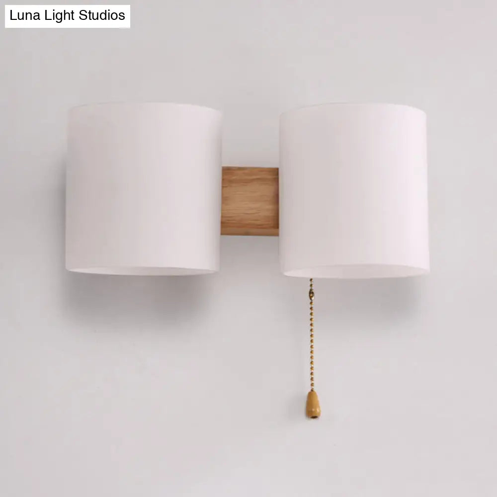 Asian Wood Wall Sconce With White Glass Shade - Set Of 2 Bulbs For Bedroom Lighting