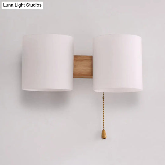 Asian Wood Wall Sconce With White Glass Shade - Set Of 2 Bulbs For Bedroom Lighting