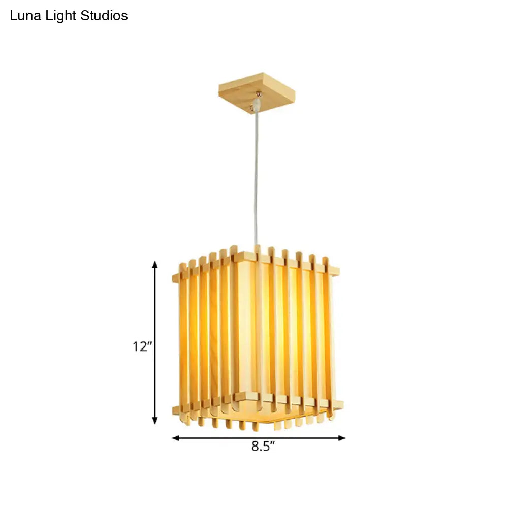 Asian Wooden Beige Rectangular Cage Pendant Lamp With 1 Bulb For Table