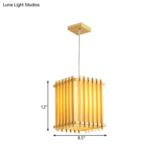 Asian Wooden Beige Rectangular Cage Pendant Lamp With 1 Bulb For Table