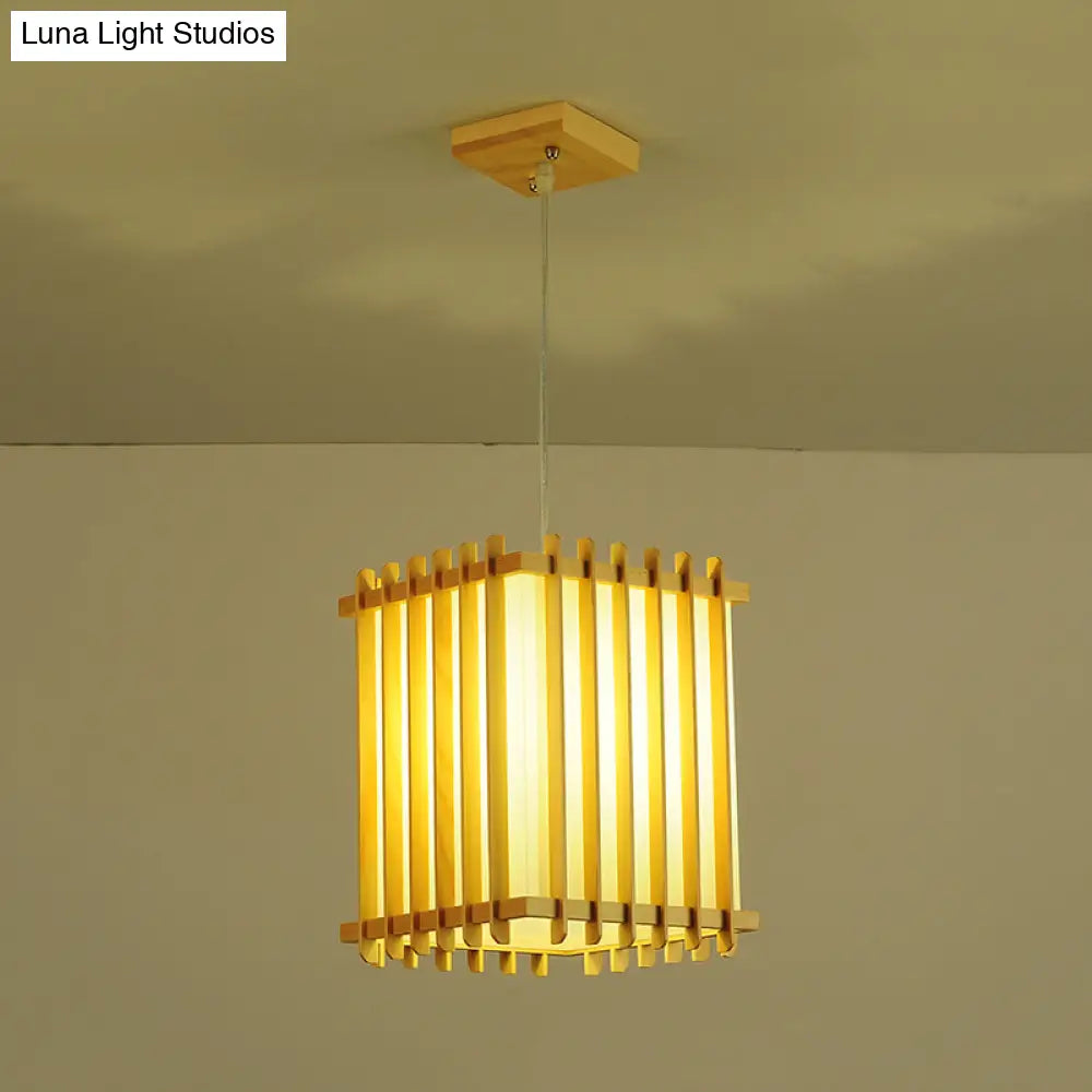 Asian Wooden Beige Rectangular Cage Pendant Lamp With 1 Bulb For Table