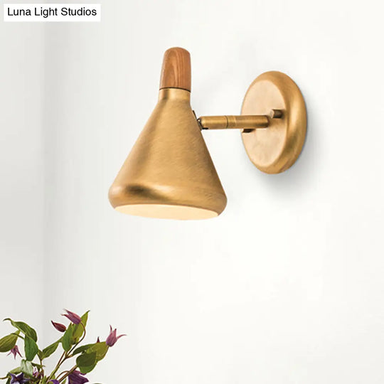 Asian Wooden Cone Wall Sconce With Metal Shade - Bedroom Mount Light