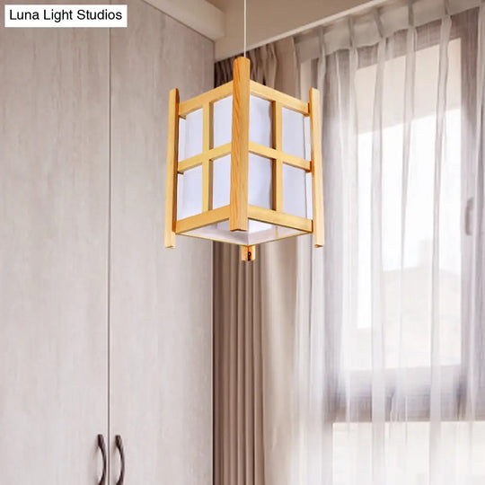 Asian Wooden Pendant Lighting For Restaurants - 1-Light Square Lamp With Paper Shade