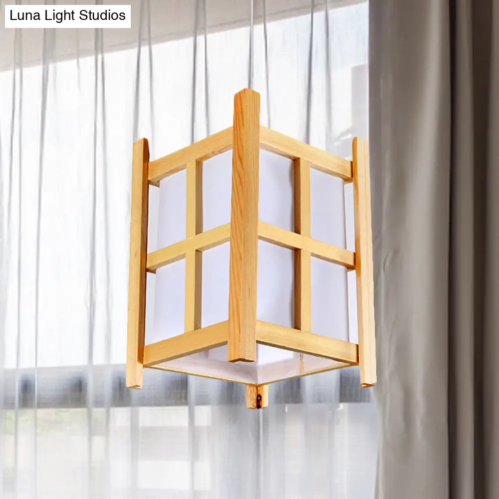 Asian Wooden Pendant Lighting For Restaurants - 1-Light Square Lamp With Paper Shade