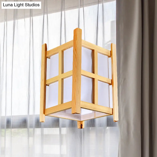 Asian Wooden Pendant Lighting For Restaurants - 1-Light Square Lamp With Paper Shade