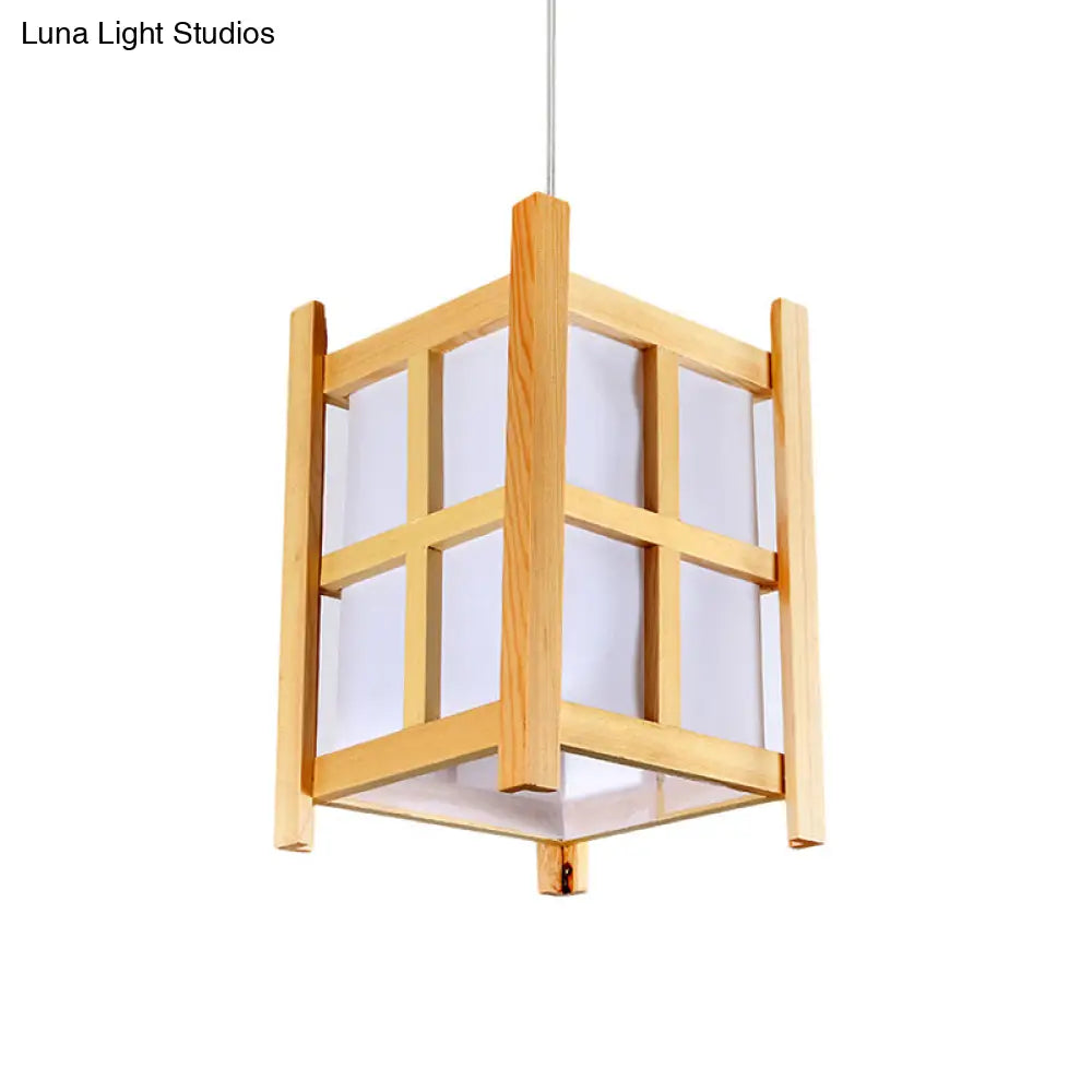 Asian Wooden Pendant Lighting For Restaurants - 1-Light Square Lamp With Paper Shade