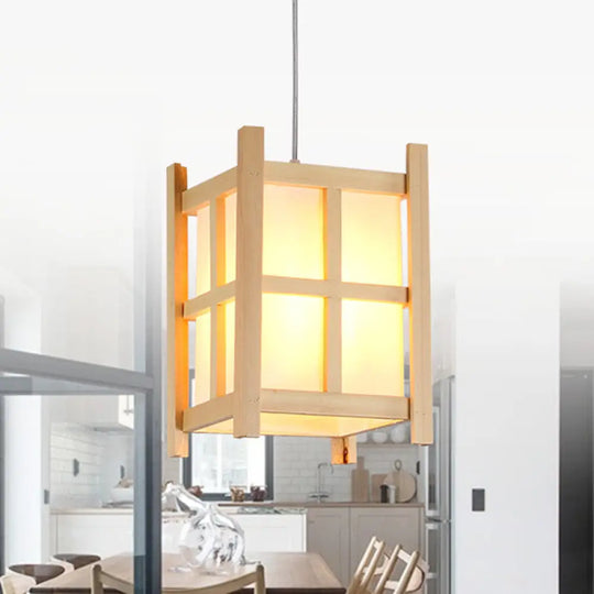 Asian Wooden Pendant Lighting For Restaurants - 1-Light Square Lamp With Paper Shade Beige