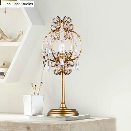 Retro Style Metal Lantern Table Lamp With Clear Crystal Drops - 1-Light Nightstand Lighting In