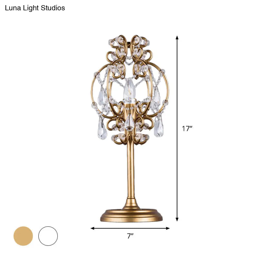 Retro Style Metal Lantern Table Lamp With Clear Crystal Drops - 1-Light Nightstand Lighting In