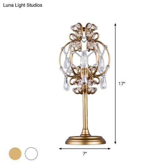 Retro Style Metal Lantern Table Lamp With Clear Crystal Drops - 1-Light Nightstand Lighting In