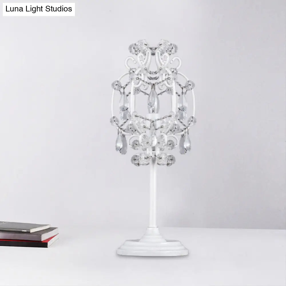 Retro Style Metal Lantern Table Lamp With Clear Crystal Drops - 1-Light Nightstand Lighting In