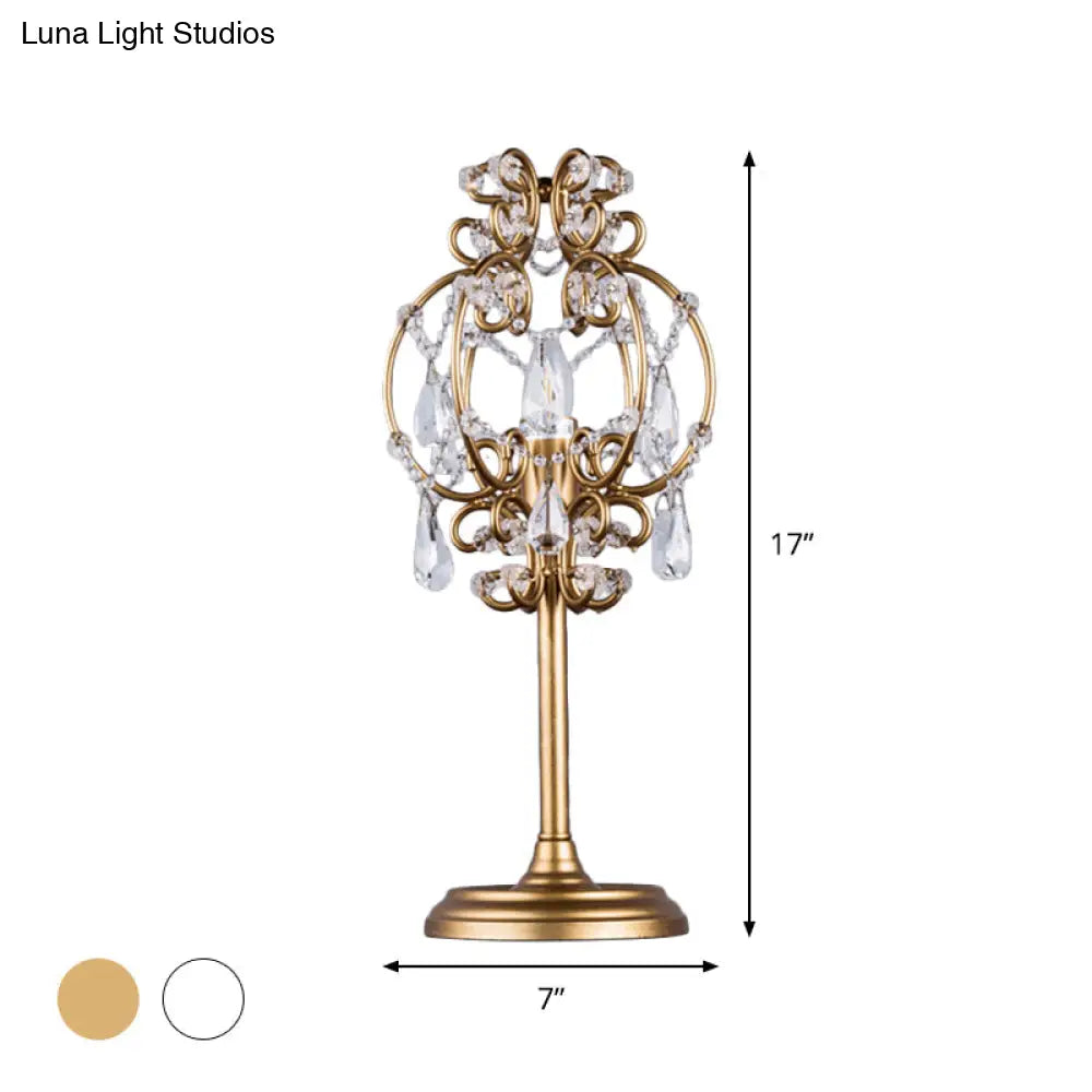 Askella - Retro Style Lantern Table Lamp Metal 1-Light Nightstand Lighting In White/Gold With Clear