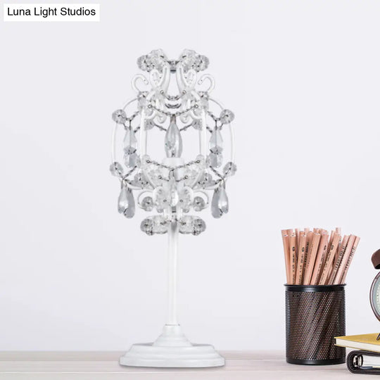 Retro Style Metal Lantern Table Lamp With Clear Crystal Drops - 1-Light Nightstand Lighting In